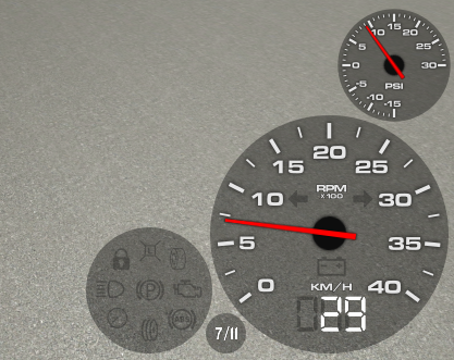 Same gauges with the lights off, showing the vehicle is in gear, and moving.