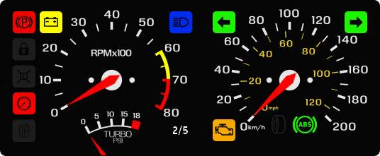 A panel of three basic analog gauges - turbo, speedometer and tachometer, surrounded by lit indicator lights.