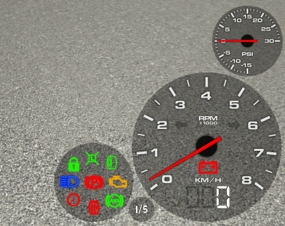 Semi-transparent circular gauges -  tachometer and turbo, with indicator lights lit.