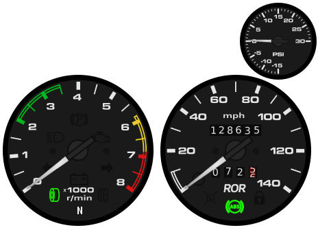 Separate tachometer and speedometer analog gauges, with smaller round turbo gauge in the upper right corner