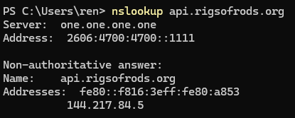 An example of an nslookup on api.rigsofrods.org