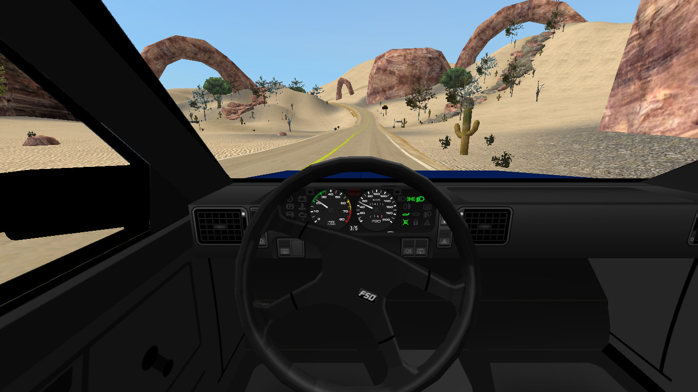 Interior of the car, with a node-and-beam submesh-textured dashboard.